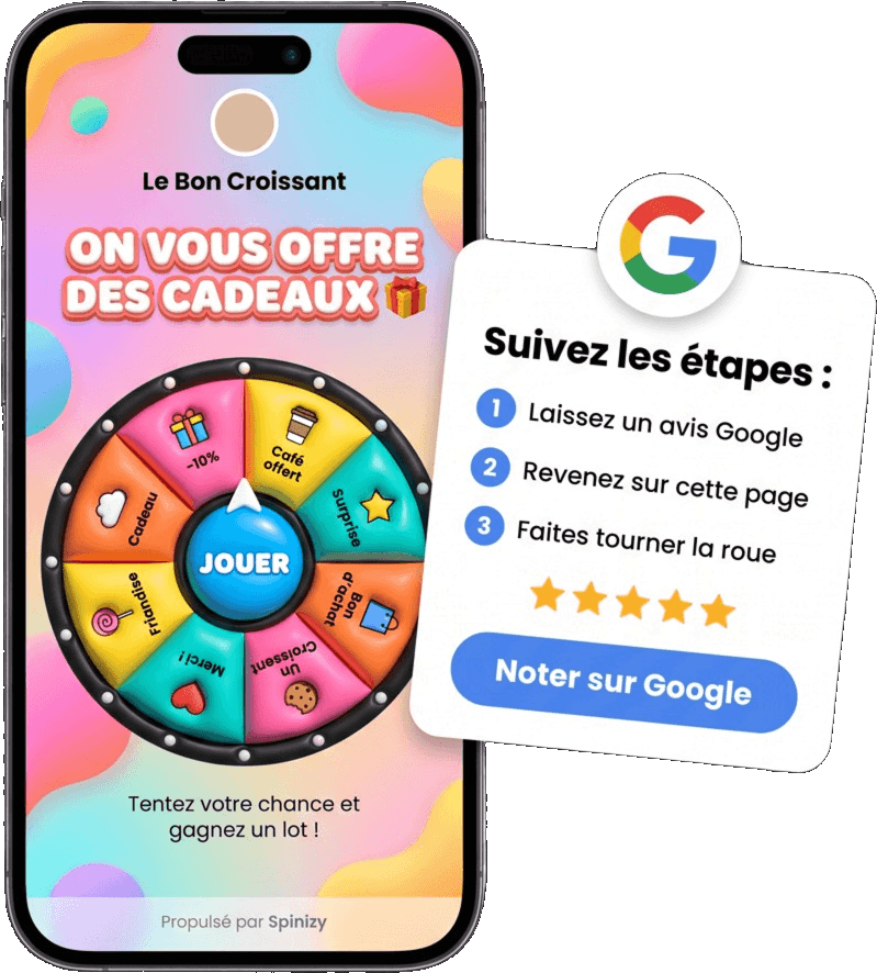 Application Spinizy — laisser un avis Google puis jouer à la roue